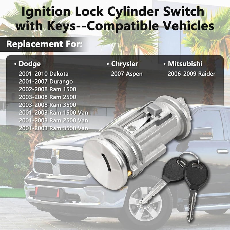 RAMATA Ignition Lock Cylinder Switch & 2 Keys compatible with 2001 2002 2003 2004 2005 2006 2007 2008 2009 2010 Dodge Ram Durango Dakota Chrysler Aspen& Mitsubishi Raider, Replace # 924-709, 5018702AA - Image 2